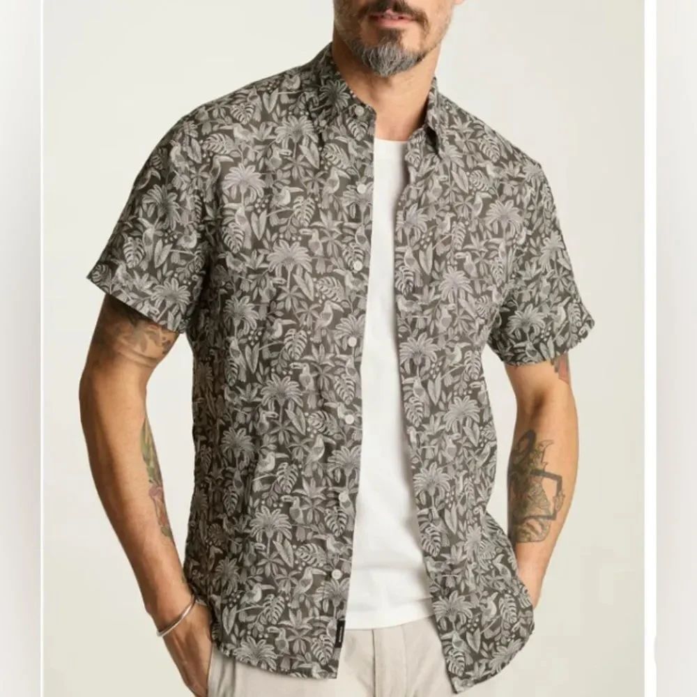 BONOBOS Resort Riviera Palms Gray/White Linen Short Sleeve Men’s Shirt Sz XL